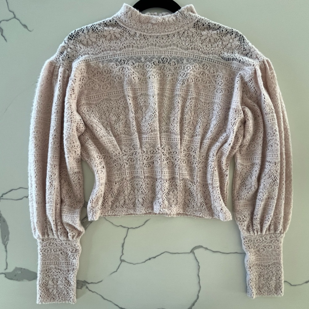 Free People - Rare - Blush Pink Sheer Lace-Like Sweater w/ Mock Neck & Open Back - Picture 2 of 9